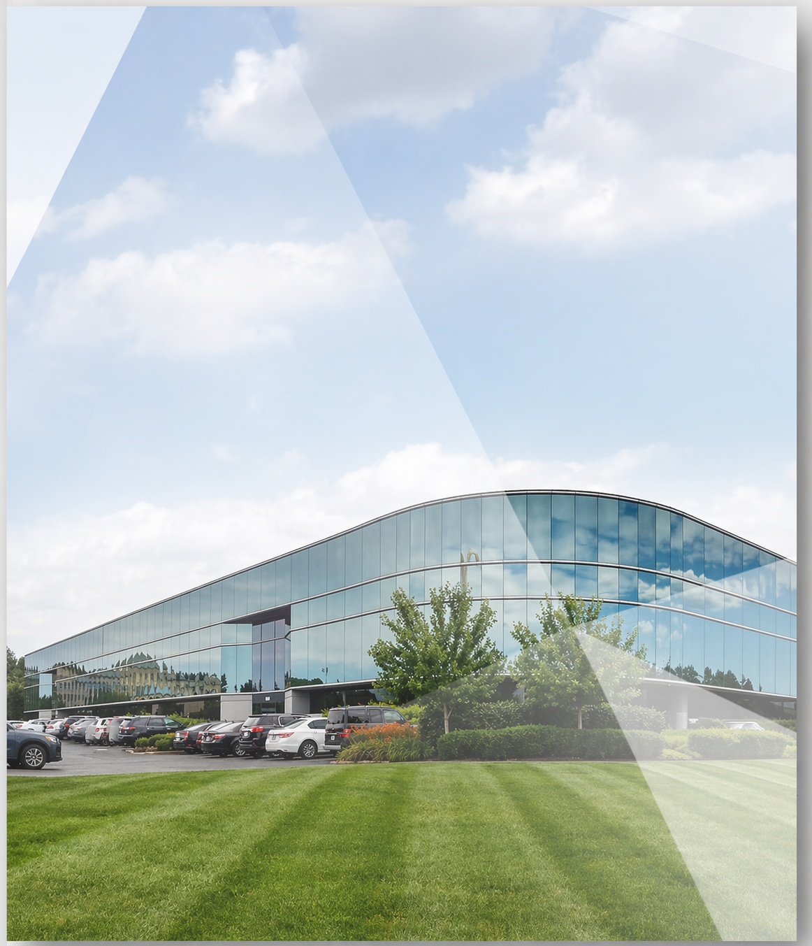 Modern office building with geometric overlay